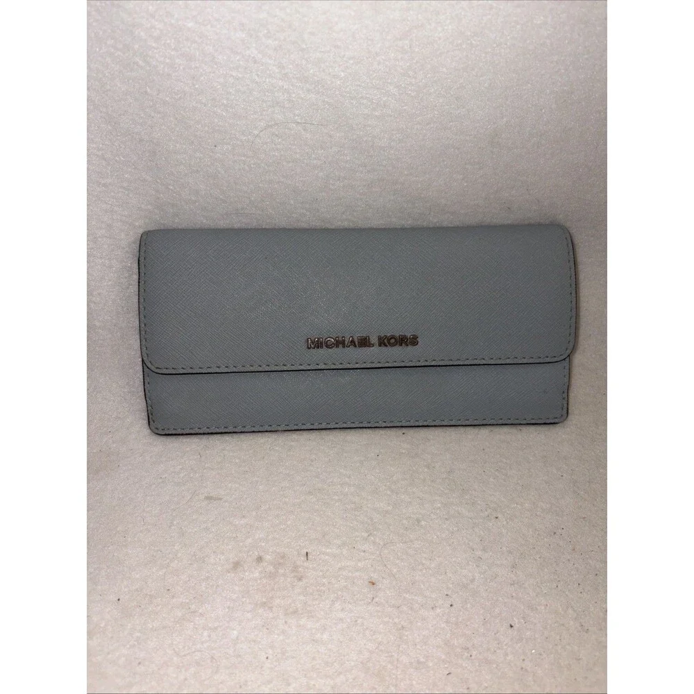 Michael Kors Wallet Card Check Jet Set Travel Trifold Baby Blue Saffiano Leather